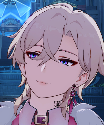 a closeup portrait of a young anime male character with white hair and blue eyes. he is wearing a pink shirt with a white collar and white wings. he has an earring in his left ear and a tattoo on his neck. he is smiling slightly. the background is blurred and shows a cityscape.
