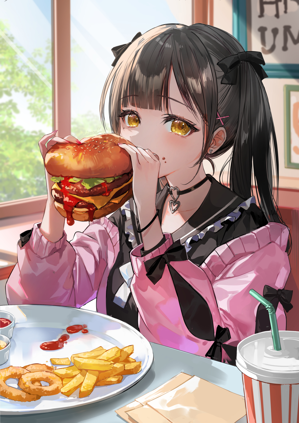 the image is a digital illustration of a cute anime girl with long brown hair styled in pigtails with black bows. she's wearing a pink jacket with black accents and a black collar with a heartshaped necklace. she's happily eating a large hamburger, with french fries and onion rings on the side. a cup of soda with a straw is also on the table. the setting appears to be a restaurant, with a window visible in the background. the overall style is soft and colorful, emphasizing the girl's cuteness and the deliciousness of the food.