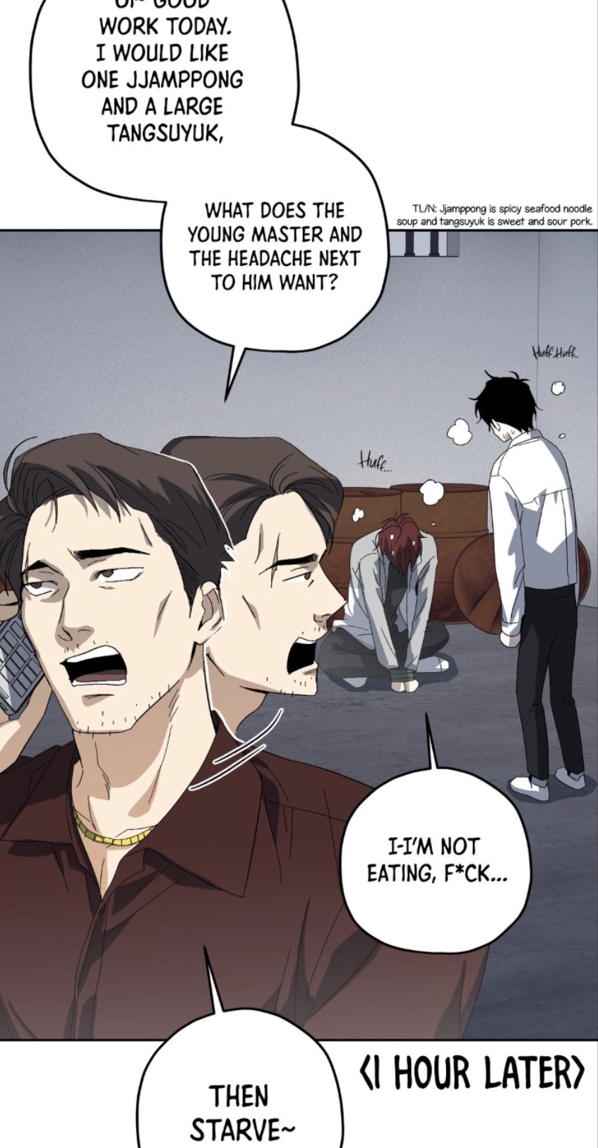 the image is a panel from a manhwa (korean comic) or webtoon. it features a man on the phone ordering jjampong and tangsuyuk. another man is experiencing a headache. the scene is set in a restaurant. the dialogue reveals the man's frustration and hunger. the style is dark and humorous, with a focus on character expressions. the last panel indicates a time jump to an hour later.