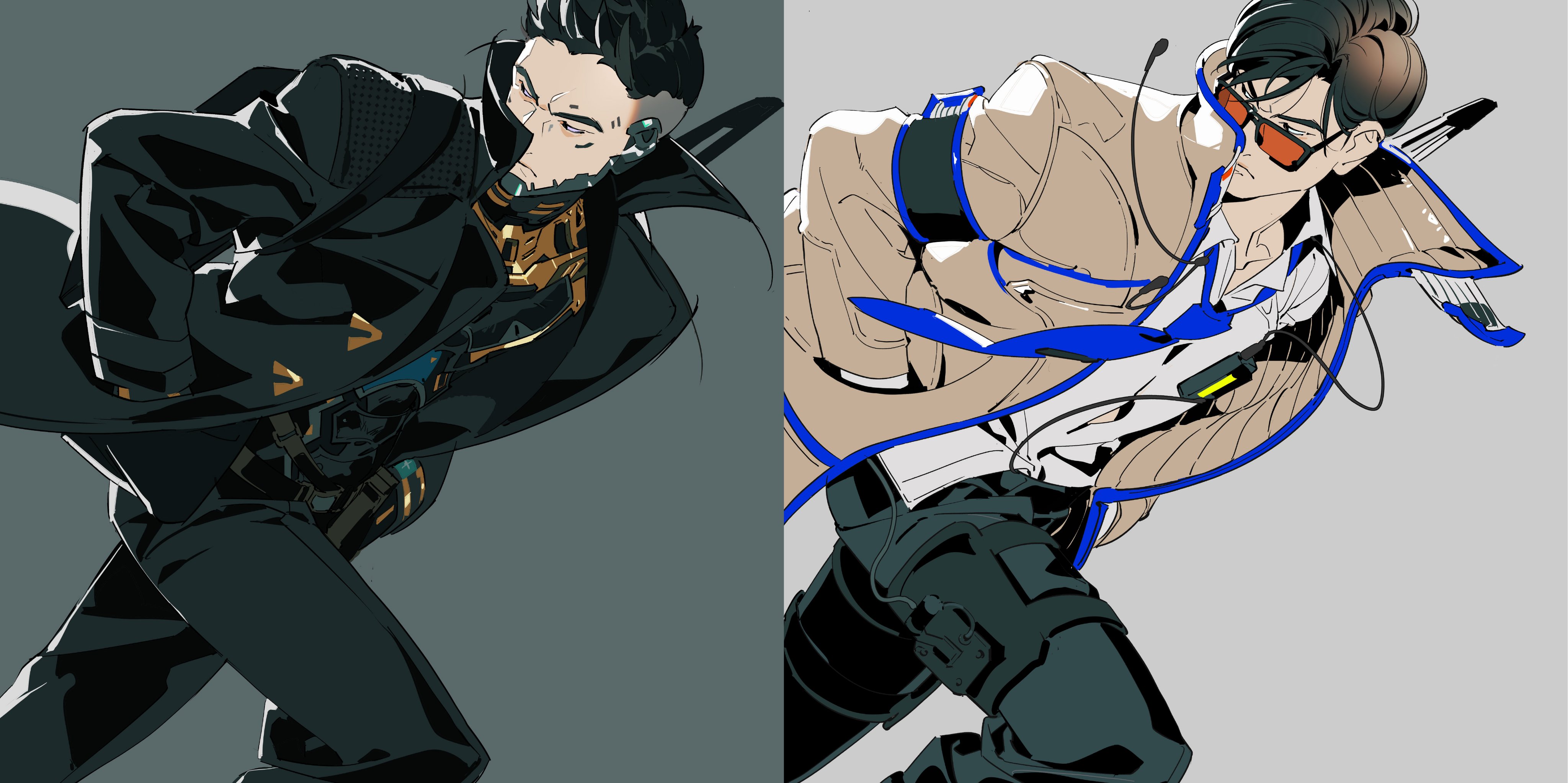 the image shows two male characters with cyberpunk aesthetic, potentially from a video game or animation.  the character on the left has a darker color scheme with glowing blue details and a more serious expression.  he is posed dynamically, suggesting action or movement. the character on the right features a brighter color palette with blue highlights and appears to be more casual and carefree. both seem to be wearing futuristic clothing and gear.
