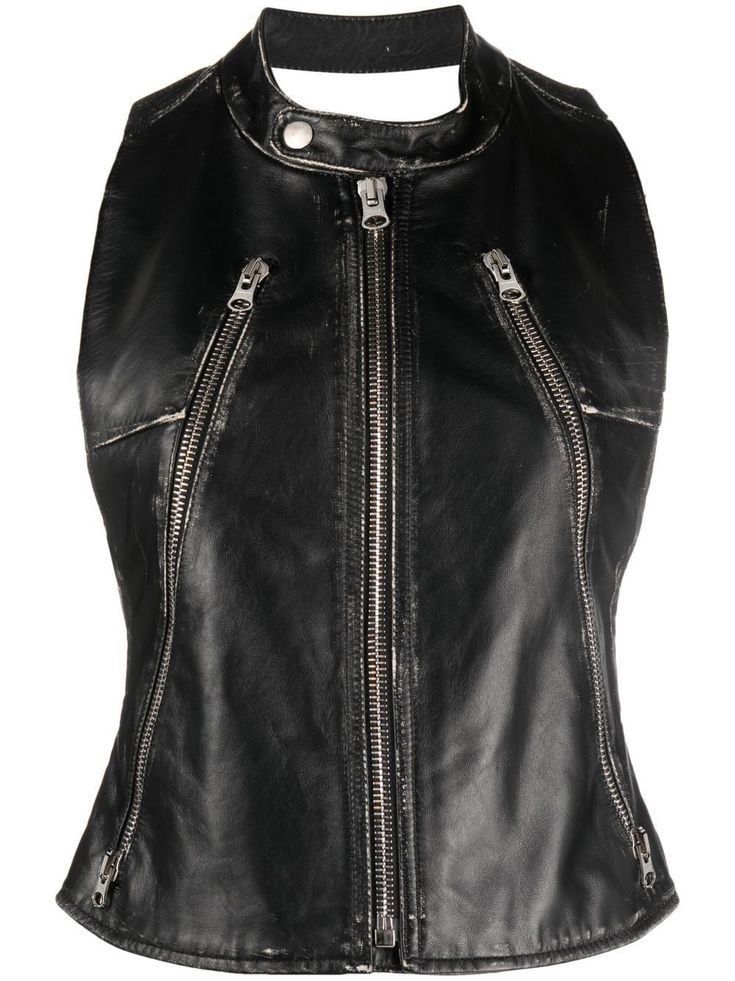 a black leather vest with zipper closures. it is sleeveless with a fitted style. the vest has a zipper down the front and zipper pockets on the sides.