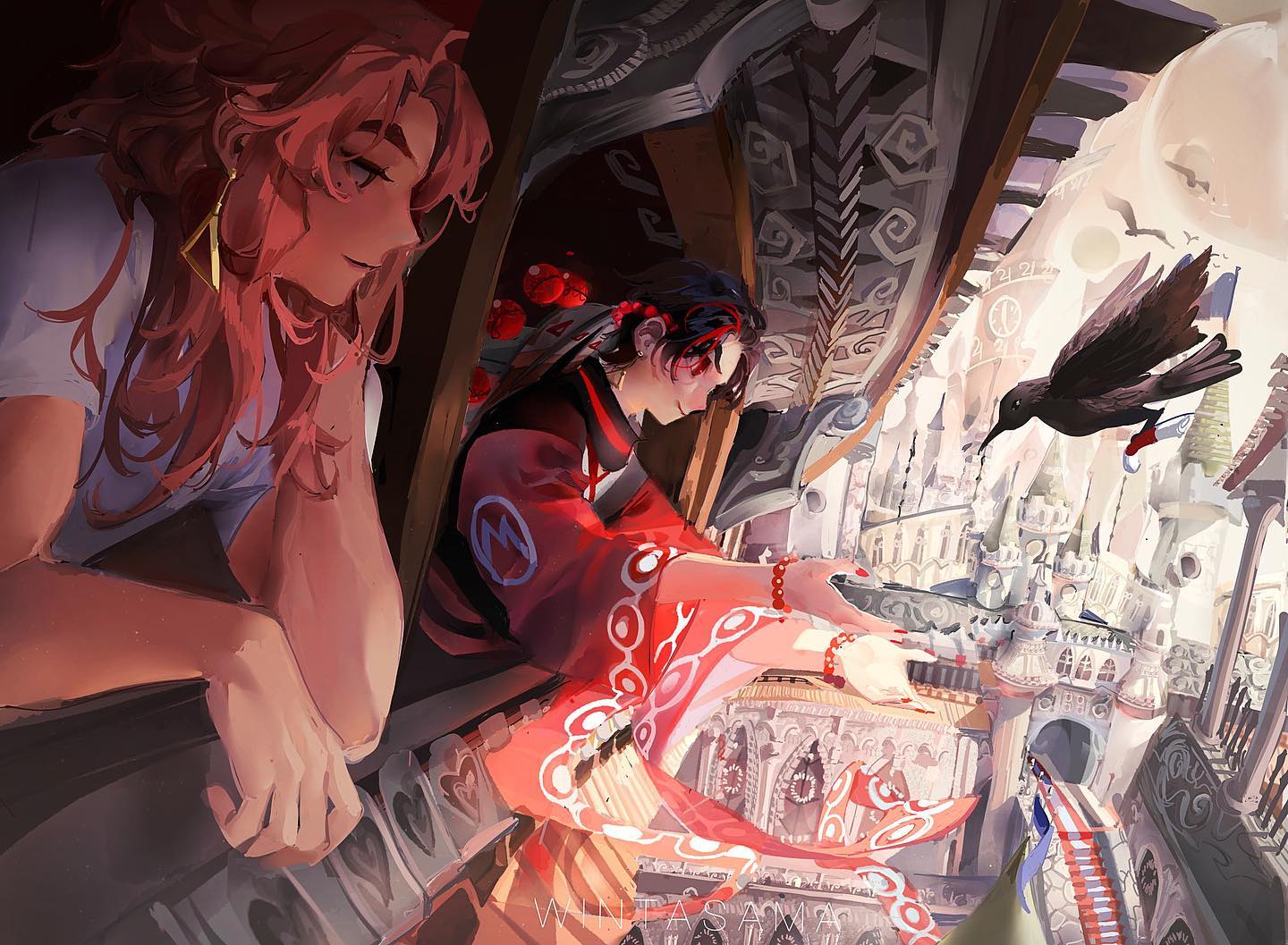 the artwork presents two animestyle characters, a young woman with long pink hair and a young man in a red kimono, observing a miniature, intricately detailed fantasy city. the woman, to the left, has long pink hair and is wearing a white shirt.  the man, positioned to the right, is dressed in a striking red and white kimono adorned with circular patterns.  they are seemingly looking down at the city through some sort of ornate frame or window. the city itself is rendered in soft pastel colors and features numerous tall buildings, reminiscent of a castle or cathedral complex, and contains elements suggestive of a steampunk aesthetic. a black crow flies in the background, adding to the mysterious and whimsical tone of the artwork. the style is highly detailed and vibrant, suggesting a fantasy setting. the overall atmosphere is both intriguing and fantastical. the artist's signature "winta_sawa" is partially visible in the bottom right corner.