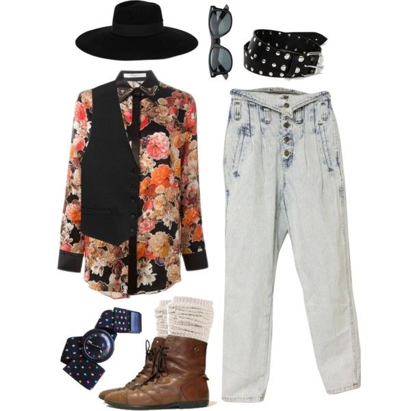 a collection of clothing and accessories is arranged against a white background. there is a black widebrimmed hat, a pair of black sunglasses, a black belt with white studs, and a floral shirt with a black vest layered over it. below the shirt, there is a watch with a polkadot strap, a pair of brown laceup boots with knitted socks, and a pair of light blue, highwaisted jeans.