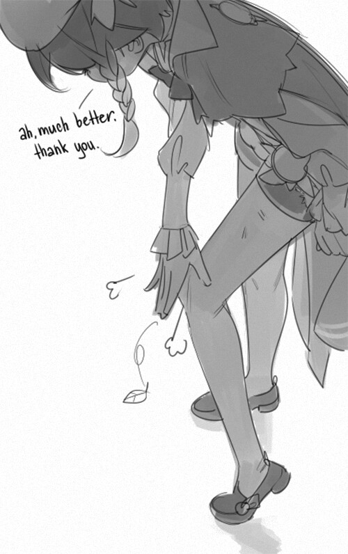 the image is a black and white sketch of a young woman, drawn in an anime/manga style.  she is bent over, adjusting a bandage on her leg. a single leaf falls near her foot, suggesting she might have been sitting under a tree. her expression is hidden, but her posture and the dialogue bubble "ah, much better... thank you" indicate she is relieved and grateful for the help she received with her injury. the style of the drawing is loose and expressive, with visible pencil strokes.