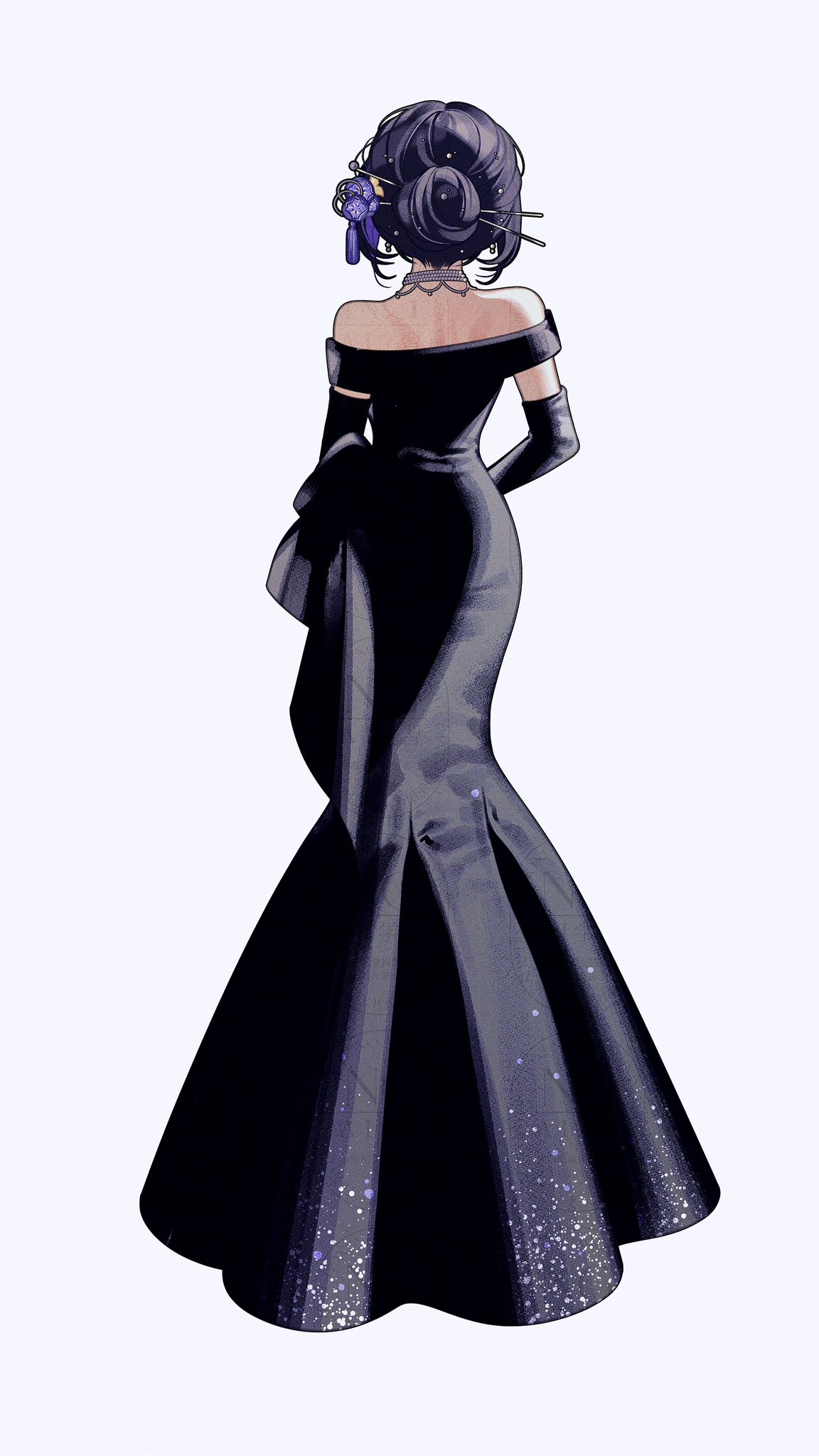 the image is a digital illustration of an animestyle woman from the back, wearing a long, elegant black evening gown with a mermaidstyle skirt.  the dress has subtle sparkles or glitter embedded in the fabric.  she has dark hair styled in an updo with an ornament.  she is wearing long gloves that reach her elbows. the background is plain white.  the style is sophisticated and elegant.