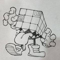 the image is a black and white drawing of a cartoon monster made of cubes. it has a large head in the shape of a 3x3 cube and a small body with two arms and legs. the monster is wearing sneakers and has sharp teeth protruding from its lower jaw.