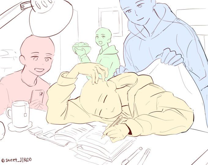 this is a drawing of four people. the person on the left is sitting at a table with a book. the person in the middle is lying on the table, also studying. the person on the right is standing and seems to be talking with the person on the left. the person on the far right is holding a book or paper, looking at the person in the middle. all of them are drawn in simple lines, with no detail in their faces. this image is a pose reference for artists.