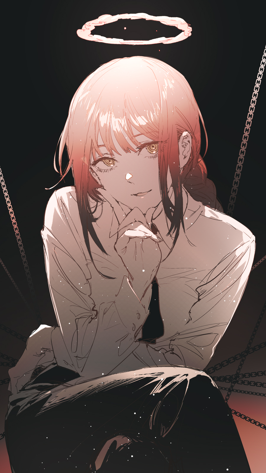 the image shows an anime girl, likely makima from chainsaw man, with a halo above her head. she is smirking and wearing a white shirt and black pants. a chain is visible in the background. the overall tone of the image is dark.