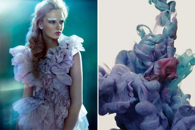 a woman in a lavender ruffled dress with a blue background is on the left side of the image. on the right side, abstract smoke or ink in blue, purple, and pink swirls on a white background.  this is a fashion portrait that is both glamorous and artistic.