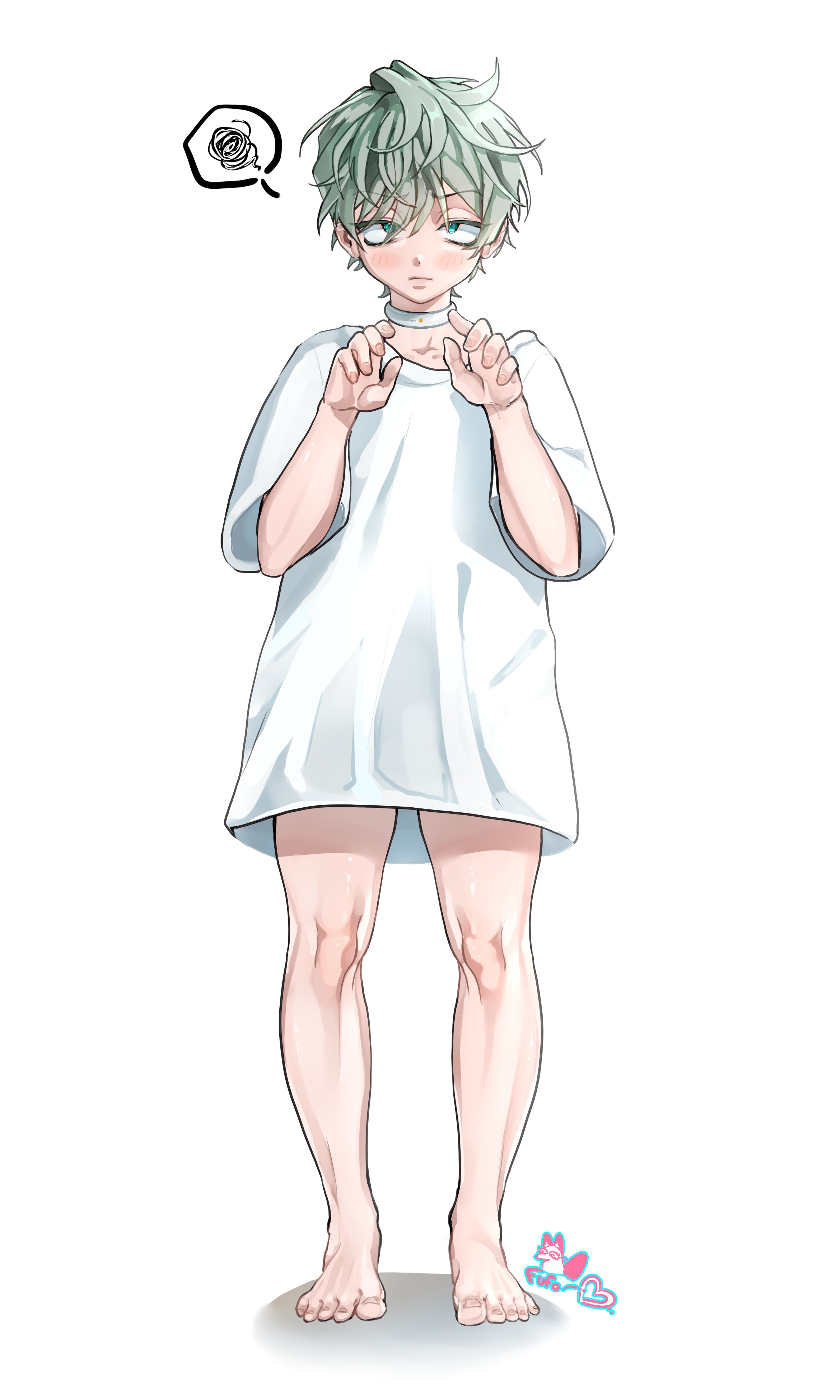 he image is a digital drawing of an animestyle boy. he has short, light green hair, light skin, and is wearing an oversized white tshirt. he's standing barefoot and has a slightly nervous or shy expression, with his hands near his chest. a thought bubble above his head suggests he's thinking or feeling something. the art style is soft and somewhat simplistic.  the background is plain white.