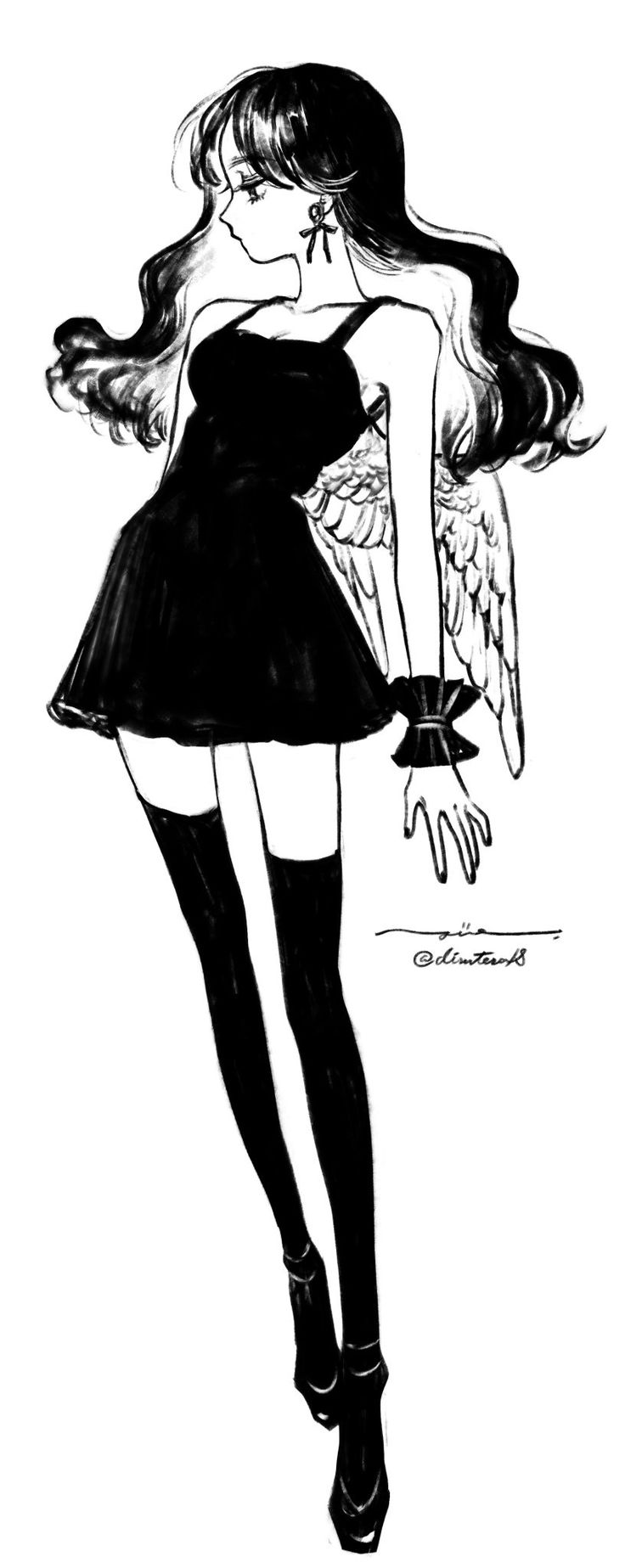the image is a stylized black and white ink drawing of an animestyle girl. she is wearing a short black dress, thighhigh stockings, and high heels.  she has long, wavy hair and appears to have angel wings sprouting from her back. the drawing is done in a graceful and elegant style, with a focus on the character's pose and clothing.  the overall aesthetic is dark and stylish. the background is plain white, allowing the drawing to stand out.