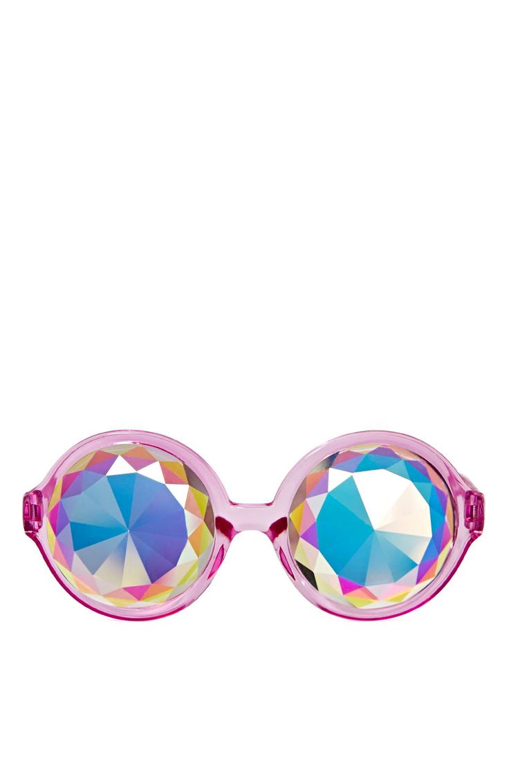 a pair of kaleidoscope glasses with pink frames. the lenses of the glasses are kaleidoscope lenses.