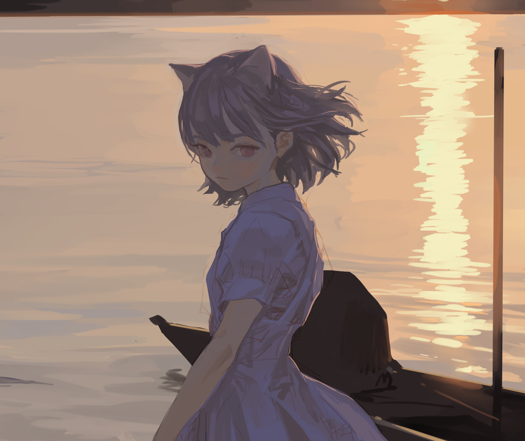 the image shows an anime girl with cat ears standing in a boat during a sunset. she is wearing a lightcolored dress and has short hair. the water reflects the sunset, creating a calm and stylized scene.