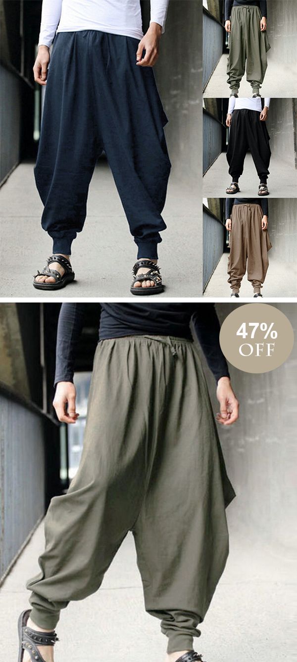 this image showcases a men's fashion advertisement featuring a stylish model wearing baggy harem pants.  the image is split into 3 sections, each showing a different color of the pants and a 47% off discount.  the model is standing in a casual setting, highlighting the comfort and relaxed style of the pants. the pants have an elastic waistband and a loosefitting style, giving the wearer a trendy and contemporary look.