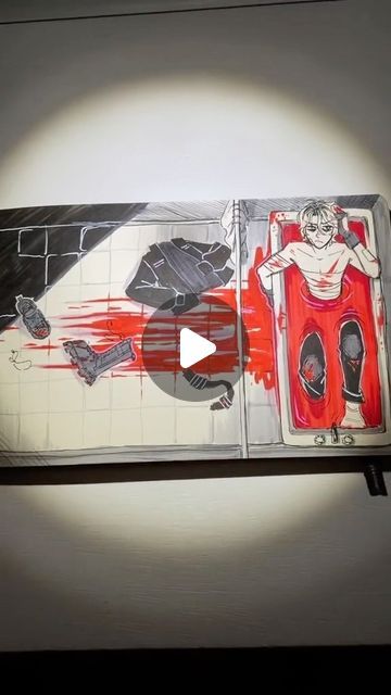 the image is a drawing depicting a crime scene. a young man is lying in a bathtub filled with blood. his clothing is scattered around the room. the style is dark and graphic, using shades of red and black against a white background. the overall impression is one of violence and suspense.  there's a play button superimposed on the image.