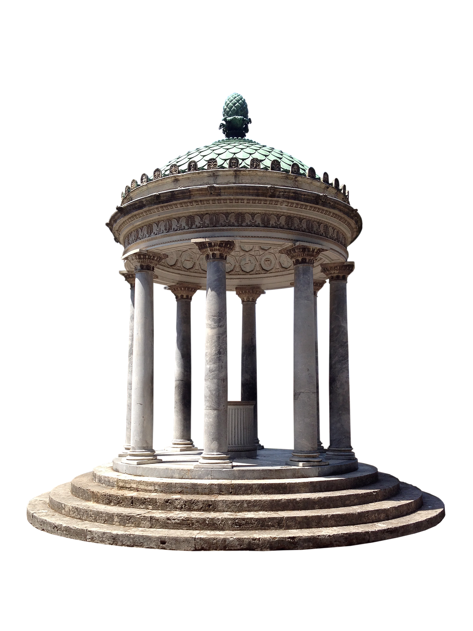 a photograph of a stone gazebo with columns and a dome, surrounded by steps, against a black background. the structure appears to be an ancient monument in europe, possibly italy.