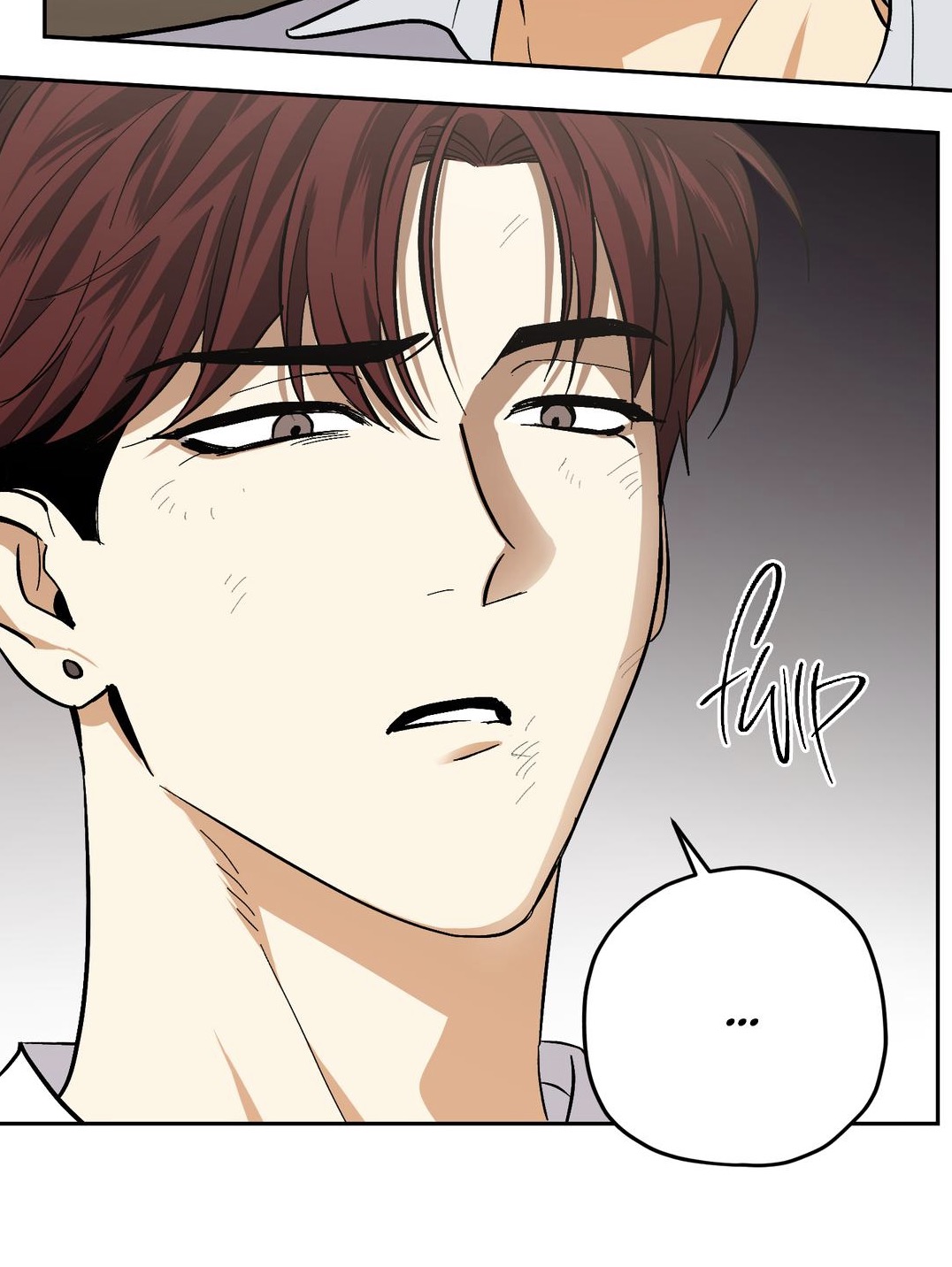 a closeup illustration of a man's face, seemingly from a manga or comic book.  he has brown hair, and his expression is one of mild surprise or contemplation.  there is a speech bubble with three dots indicating unspoken thought. the art style is detailed, with shading and lines used to create depth and texture. the background is muted and simple, focusing attention on the character's expression.  the word "flipp" is written next to his face.