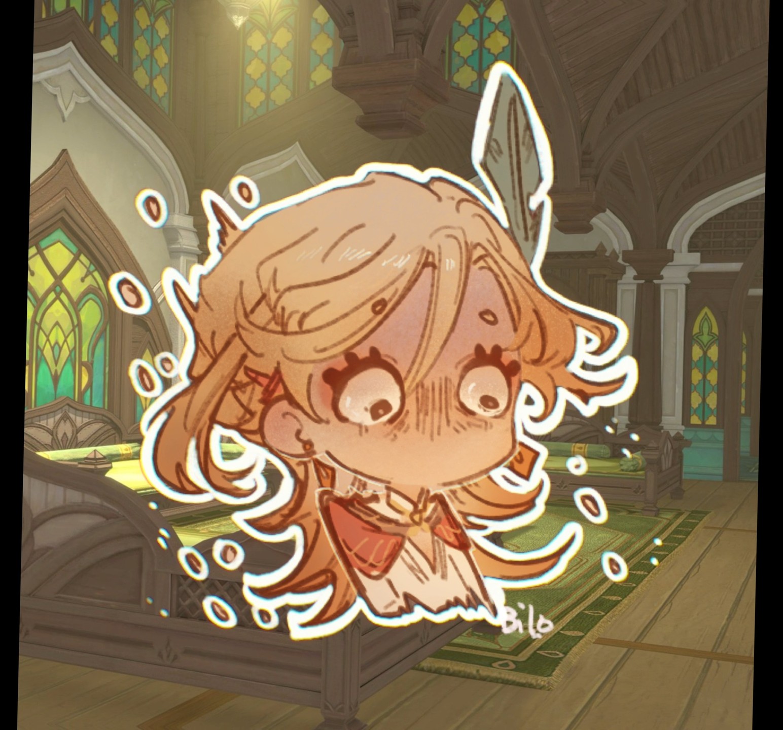 the image is a digital drawing or artwork depicting a chibistyle character, a young blonde girl with wide, expressive eyes conveying intense fear or anxiety. her expression is exaggerated, typical of chibi art.  she has a featherlike accessory in her hair and is wearing a reddishorange collar or top. the style is reminiscent of anime or manga.  the character is overlaid on a screenshot or rendering of a game scene (possibly genshin impact), showing an elegant, ornate bedroom with wooden furniture, stained glass windows, and a plush green carpet. the overall ambiance is fantasythemed. the contrast between the cute chibi character and her expression of extreme fear creates a humorous and unsettling juxtaposition.