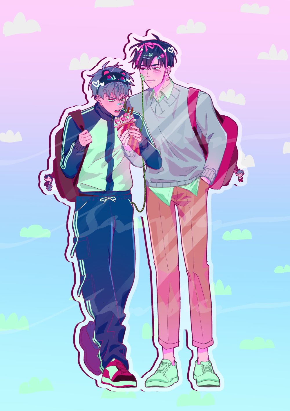 two anime boys holding hands and walking together. they are both dressed casually in stylish outfits. the background is a pink and blue sky with clouds. they are happy and enjoying their time together.