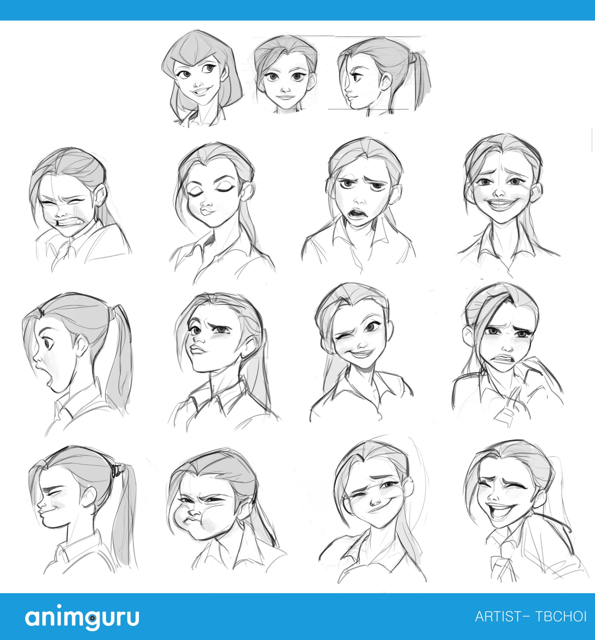 the image showcases a collection of 16 detailed sketches of a young woman's head, each displaying a different facial expression.  the style is reminiscent of anime or cartoon character design, featuring simple yet expressive linework. the expressions range from subtle to exaggerated, showing a wide emotional spectrum.  the sketches are arranged in a grid, allowing for easy comparison. the artist's name, tbchoi, and the watermark "animguru" are visible in the bottom corners. the sketches appear to be preparatory work, perhaps for animation or a comic book, focusing on creating believable and nuanced facial expressions for a female character.