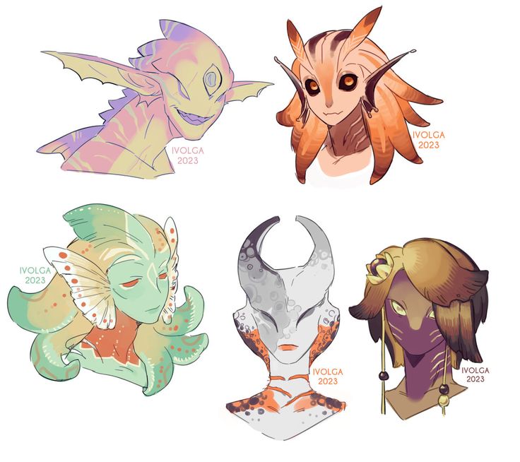 he image showcases five distinct character designs, possibly concepts for merfolk or alien creatures. each design features a unique head and upper body, showcasing diverse shapes, colors, and patterns.  the style is whimsical and colorful, employing pastel and vibrant hues. the background is plain white, allowing the characters to stand out. each character has the artist's signature "ivolga 2023" next to it. the art style is consistent across all five illustrations, suggesting they belong to a cohesive set.