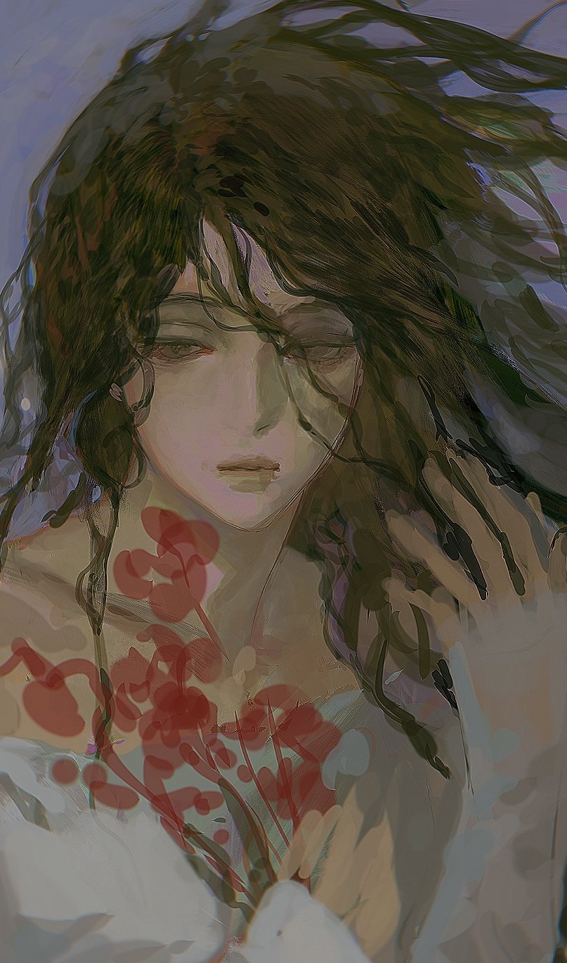 a digital illustration of an anime girl with long brown hair blowing in the wind. she has her eyes closed and is looking down. she is wearing a white dress and has red flowers in her hand. the image is soft and dreamy, with a fantasy feel to it.