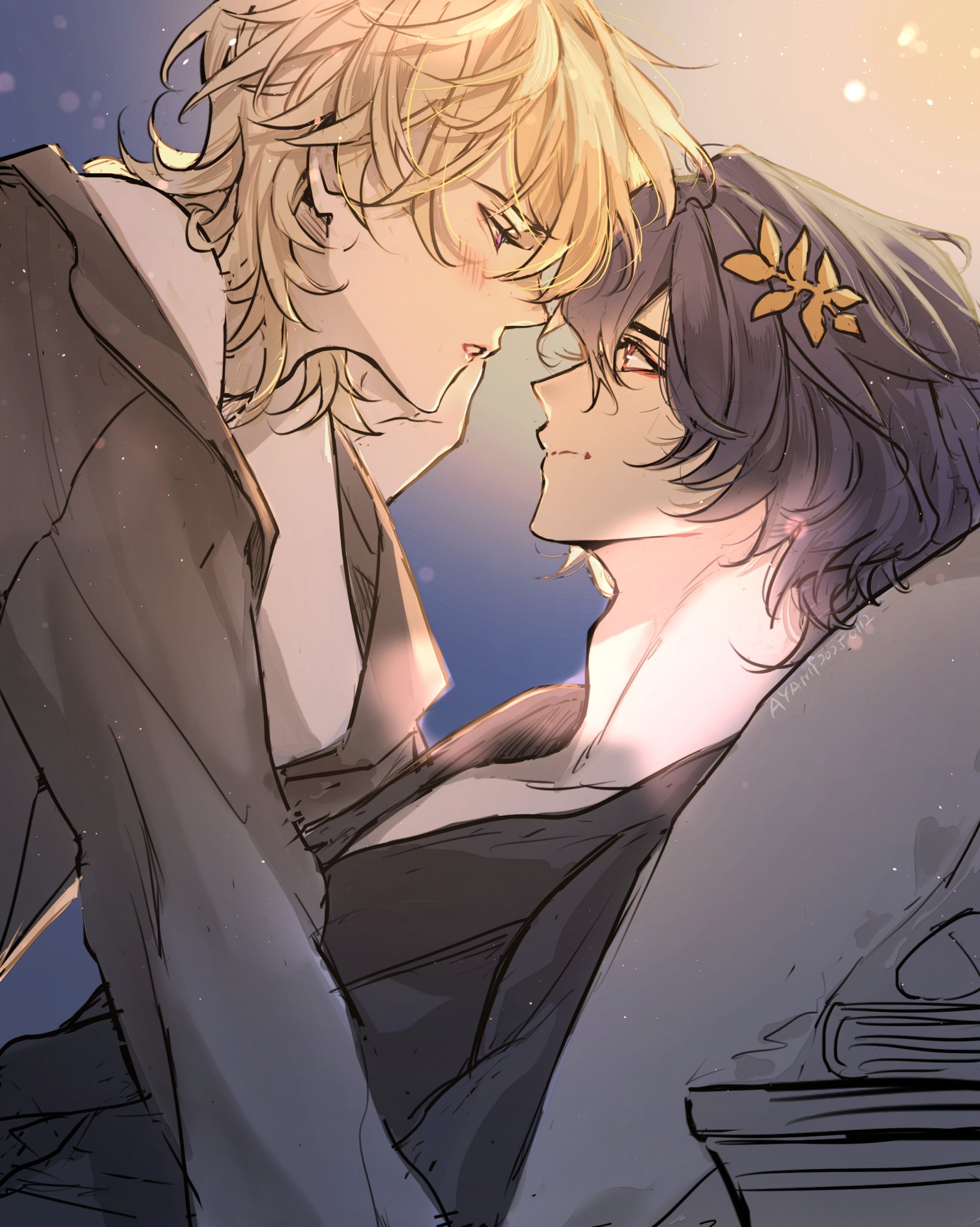 a romantic anime illustration features two males in a close embrace. one has blonde, tousled hair and a slightly flushed face, indicating a blush. his hand gently rests on the cheek of the other male, who has dark hair adorned with a golden flower. they are looking into each other's eyes with tenderness. the setting appears to be indoors, with books visible in the background, suggesting a cozy and intimate atmosphere.