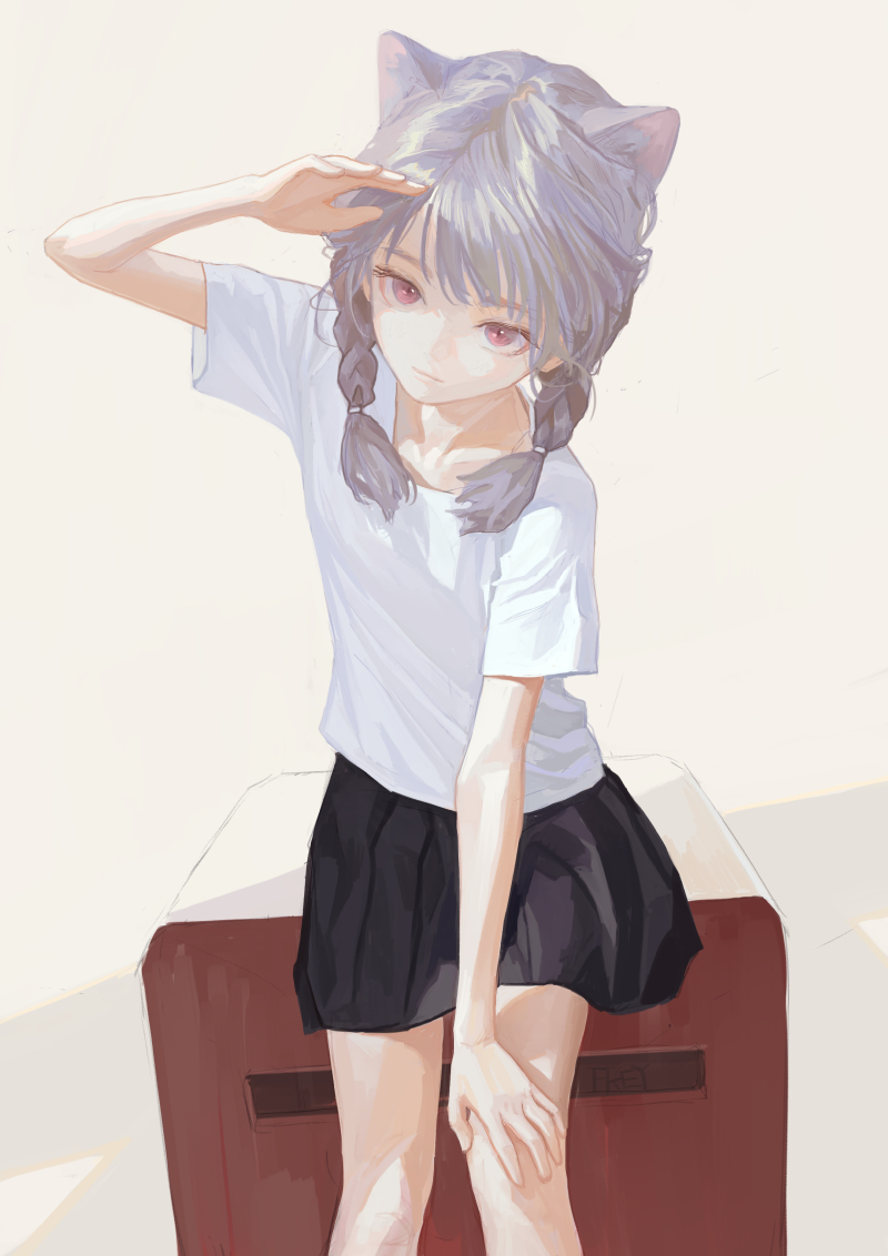 an animestyle image of a girl with cat ears, wearing a white tshirt and black skirt, standing next to a brown luggage. she has grey hair braided into pigtails and pink eyes. she is holding her hand up to her forehead, as if shading her eyes.