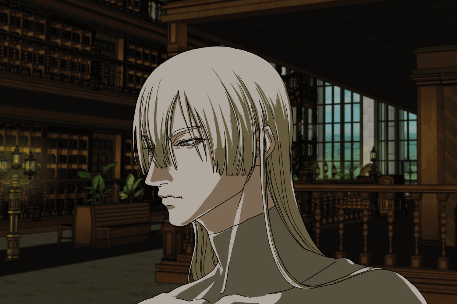 a closeup portrait of an anime character with long white hair. the character has dark eyes, a serious expression, and is looking to the side. the background is a dark library with bookshelves and a window. the character is standing in a dimly lit room.