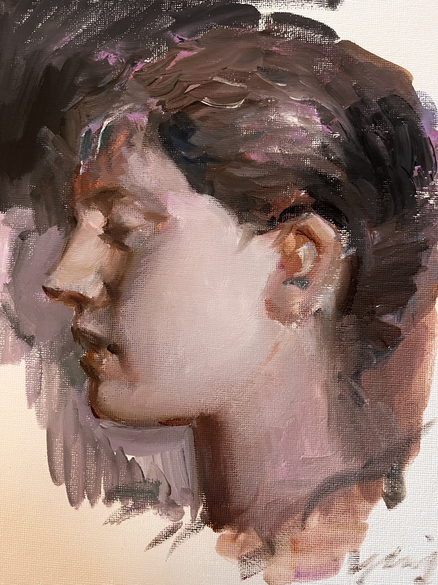 a close up oil painting of a woman's side profile, with short brown hair. the painting has a rough texture and expressive brushstrokes. it is a realistic portrait done in a modern style.