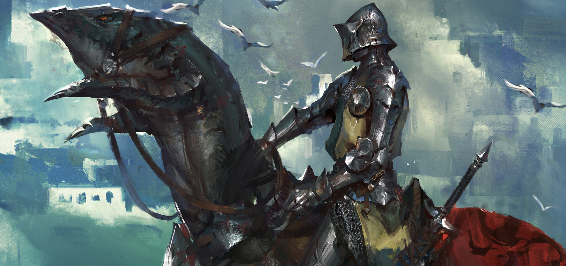 the image depicts a knight in shining armor, mounted atop a fearsome dragonlike creature, set against a backdrop of a sprawling city beneath a cloudy sky.  the knight, clad in metallic armor with a red cloth draped over his mount, holds the reins and a sword, gazing intently towards the city. his mount, a creature with dark, scaled hide and sharp claws, mirrors his gaze, adding to the scene's dramatic tension.  the city, painted in muted tones, spans out beneath them, suggesting a world ripe with adventure and conflict. this dynamic composition, coupled with the interplay of light and shadow, creates a powerful visual narrative.