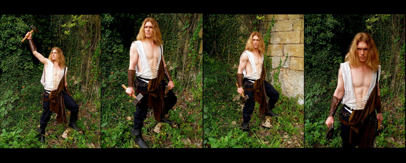 a composite image showing a man with long, flowing blonde hair and a muscular physique, dressed in a fantasyinspired attire. he is set in a natural, outdoor environment that resembles a forest or overgrown area with greenery and stone structures. the man is holding weapons, including a hammer and an axe, and strikes various poses, creating a set of images of the same character in different actions and stances. he is wearing a tuniclike garment, leather accessories, and his outfit suggests a medieval or fantasy theme.