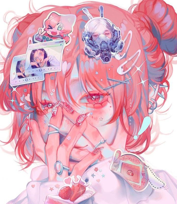 a digital art piece depicts a pinkhaired girl with stickers on her hair and face, including a cartoon cat, a cyber mask, and windows interfaces. her hands are near her face, adorned with rings and decorated nails. the overall style is pastelcolored anime/manga. a strawberry design is visible near the bottom, along with a tamagotchi sticker on her shirt.