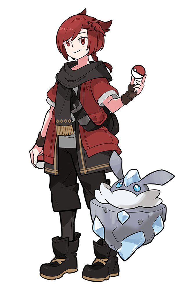 the image shows a stylized female character from the pokémon scarlet and violet video game. she has red hair and wears a red jacket over a dark shirt and pants. she is wearing sturdy boots and carrying a backpack. she holds a poké ball in one hand and is accompanied by her pokémon, a rellor, a rocktype pokémon. the style is animeinfluenced and the image is likely fan art.