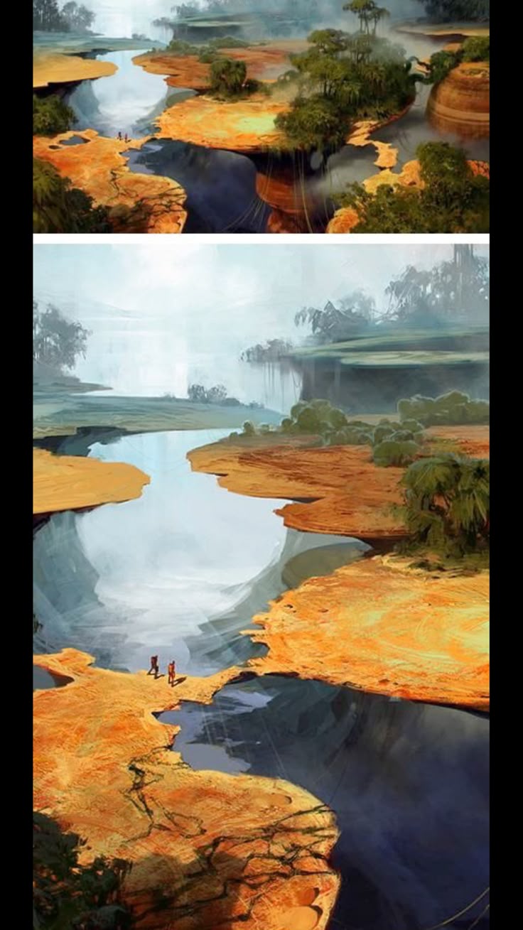 a digitally created landscape featuring a river flowing through a canyon with cliffs. the scene includes trees and vegetation on the cliffs, with two figures standing on one of the land formations. some of the land formations appear as floating islands, creating a fantasylike atmosphere.