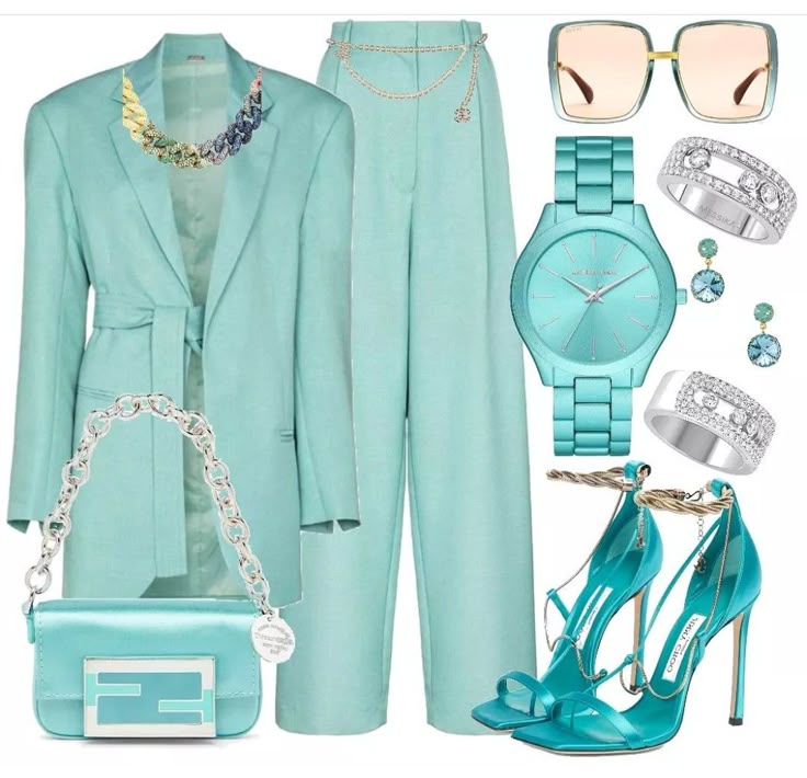 an image of a coordinated turquoise fashion outfit consisting of a blazer with a belt, wide leg pants with a chain belt, sunglasses, a watch, two rings, earrings, high heels, a small purse with a silver chain, and a colorful necklace.