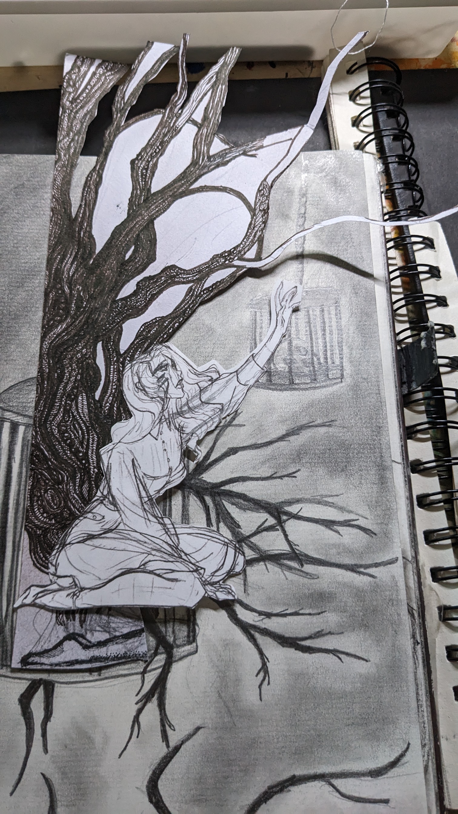 a black and white drawing of a woman trapped in a cage with tree branches all around her. the woman is reaching up towards the sky with a hopeful expression, while the tree branches surrounding her create a sense of entrapment and despair. the drawing has a surreal quality to it, and it evokes a sense of mystery and intrigue.