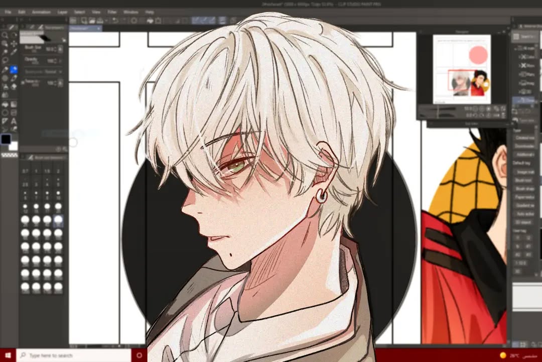 the image is a screenshot showing digital artwork in progress. the main focus is a closeup of a stylized animestyle boy with white hair and green eyes, depicted from the side.  he's wearing a simple shirt and earring.  the artist is using adobe photoshop software, as seen by the partially visible interface, with a palette of colors and other tools visible. in the background, parts of other animestyle artwork in different stages of completion can be seen on the computer screen, suggesting this is a workinprogress (wip) screenshot potentially for an art timelapse or tutorial. the overall aesthetic is soft and slightly muted.