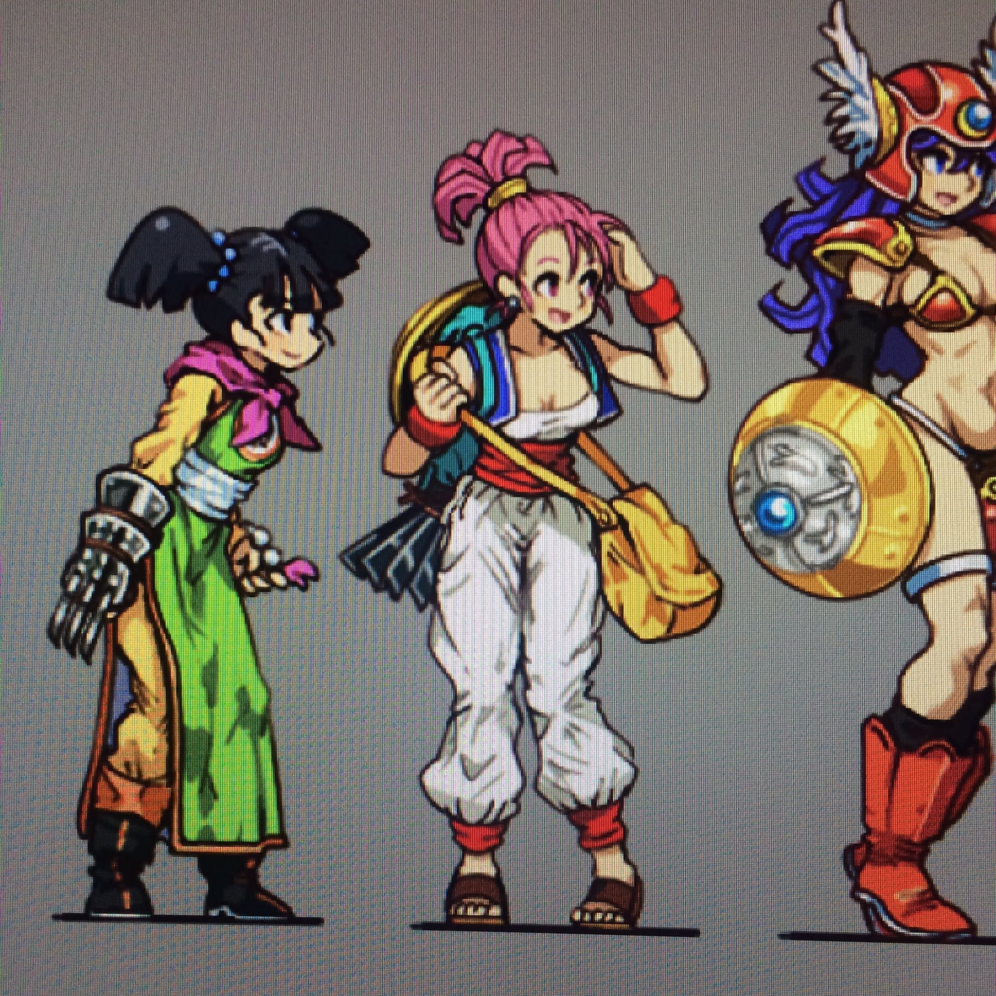 this image is a digital illustration of three anime characters. the characters are all female and are dressed in colorful, intricate outfits. the characters have large, expressive eyes and dynamic poses. the illustration is set against a simple gray background. the image is in a cartoon style with vibrant colors.