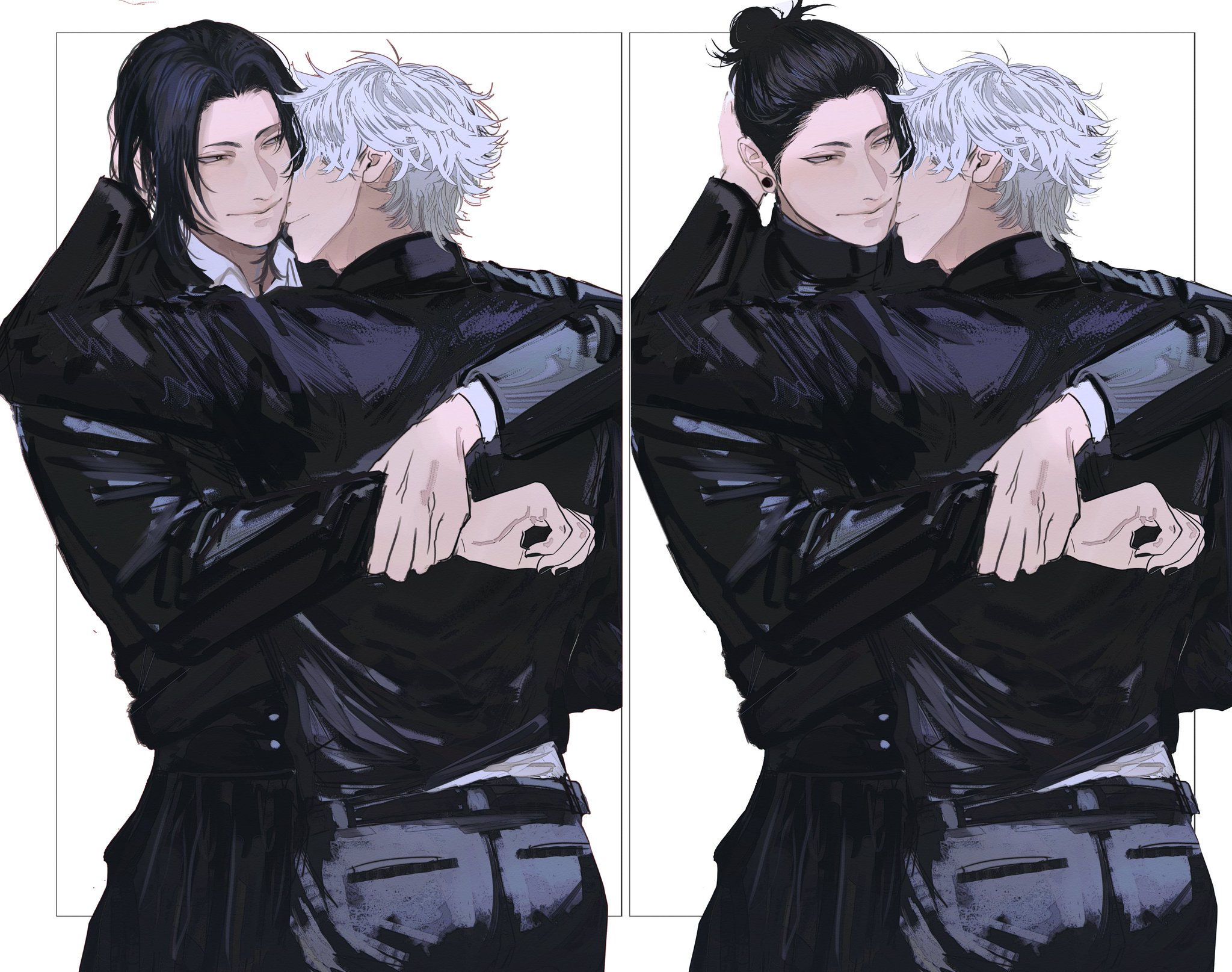 two anime boys are standing in a close embrace, the one with