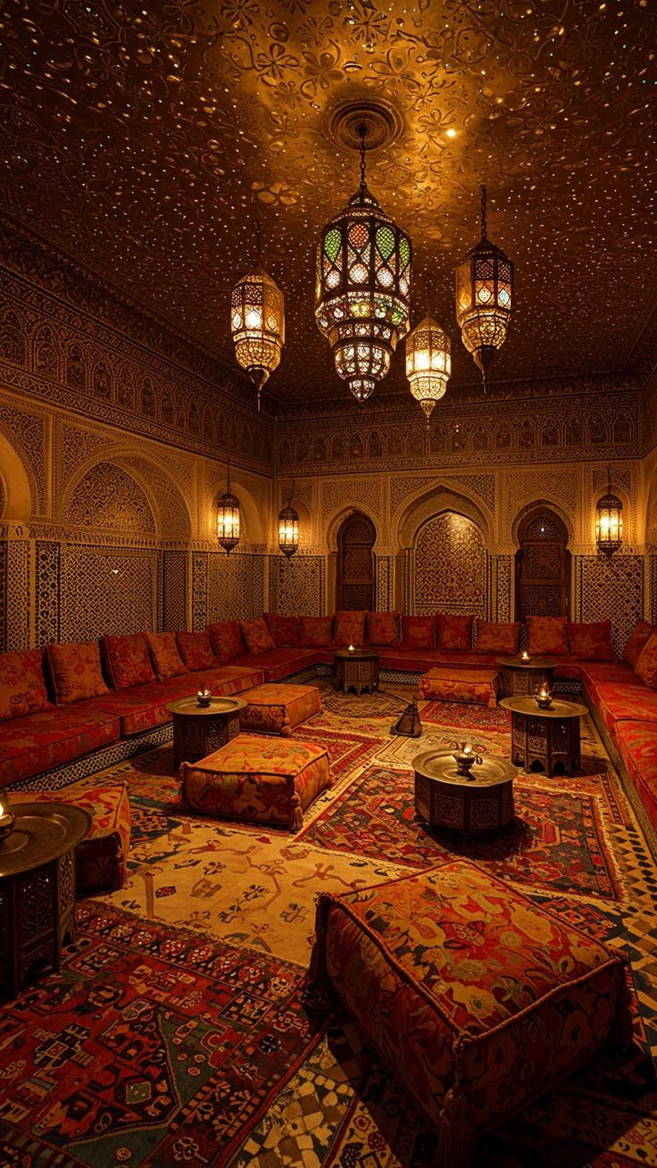 the image showcases a richly decorated moroccanstyle interior with intricate ceiling patterns and a warm, inviting ambiance. ornate lanterns hang from the ceiling, illuminating the room, which features a seating arrangement with low sofas, ottomans, and scattered pillows. the floor is covered in rugs with complex patterns. arches and detailed wall designs add to the room's traditional charm.