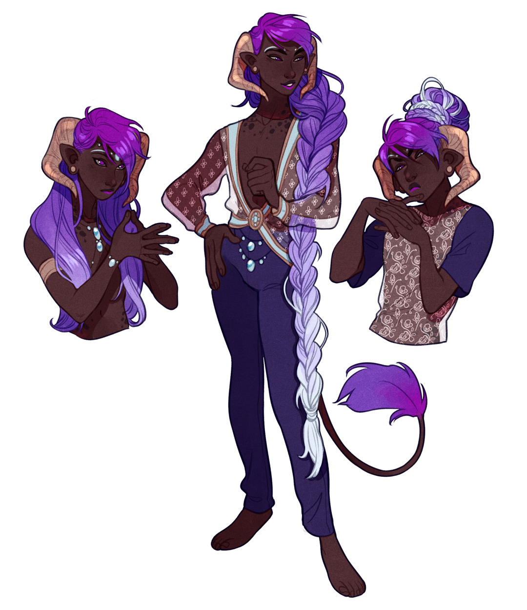 a digital illustration showcasing a darkskinned male tiefling character design in three poses. he is dressed in a stylish, vaguely renaissanceinspired outfit, with a floral patterned, offtheshoulder top. he is accessorized with jewelry, including a beaded necklace and earrings. his most striking feature is his long, braided purple hair, which fades to white at the ends. he also has large, curved horns and a tail, both of the same purple hue as his hair.