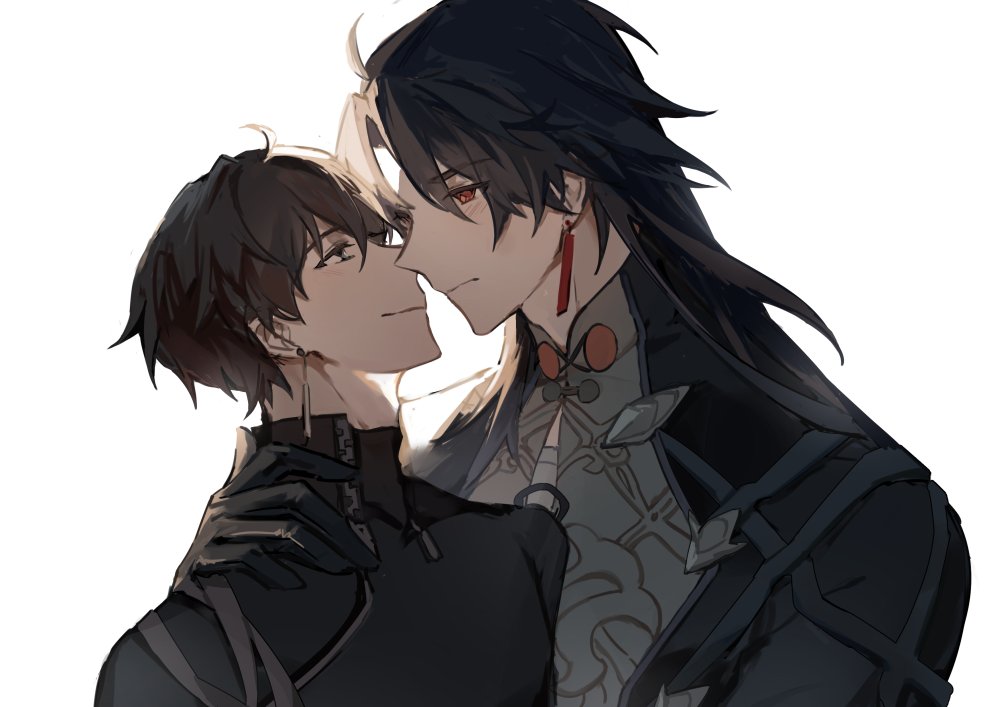 this is an illustration of two anime characters in a loving embrace. they appear to be on the verge of