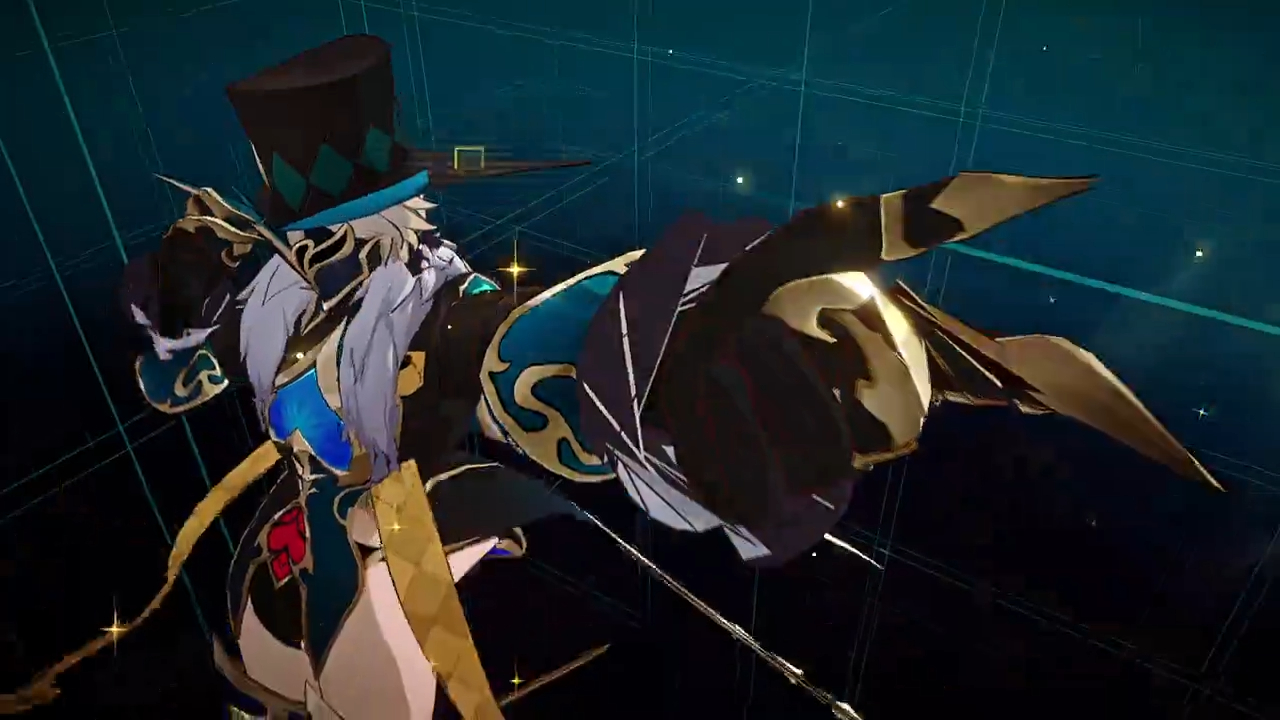 a male anime character with long white hair, wearing a large black hat and a black and gold outfit, is seen midfight. he is wielding a golden sword and is striking a dramatic pose in midair. the background is a stylized blue and green grid. the character's expression is fierce and determined.
