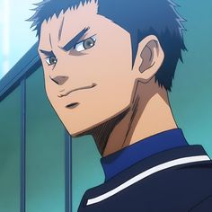 a closeup illustration of a young man with short dark hair and brown eyes. he has a confident, almost smug, expression on his face. he is wearing a navy blue and white baseball uniform. the background is a soft blue and green.