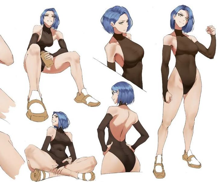 the image showcases a set of character design sketches featuring a female anime character with short blue hair wearing a black bodysuit and sneakers. the character is depicted in various poses and angles, including sitting, standing, and holding a water bottle, demonstrating her athletic build and dynamic movements. the artwork appears to be a study or concept sheet for character design.