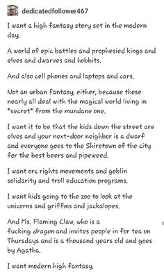 the image is a screenshot of a social media post on a light gray background.  the post is written in a casual, conversational tone, and the text is in a dark gray sansserif font. the post describes the user's desire for a specific type of fantasy story  one that blends traditional high fantasy elements like elves, dwarves, and dragons with modernday settings and technologies like cell phones and cars.