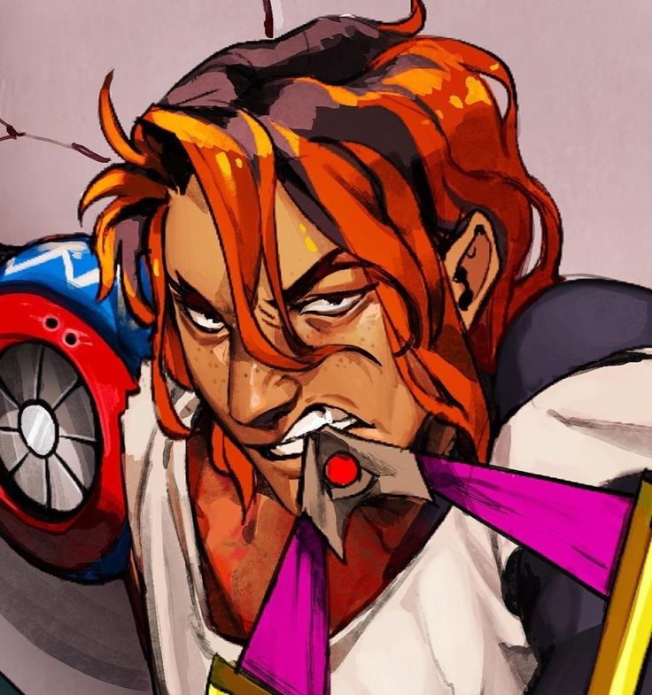 the image is a dynamic and stylized digital painting of a male character.  he has fiery orange hair, freckles, and a fierce, angry expression. he appears strong and muscular, possibly a fighter or action hero.  he's holding or wearing a futuristic gadget or weapon, suggested by a purple and gold element near his mouth that resembles a piece of technology. his attire is a blend of casual and futuristic elements, hinting at a cyberpunk or scifi setting. the art style leans toward anime/manga with vibrant colors and bold lines, creating a highenergy and intense visual. the closeup perspective emphasizes the character's emotion and detail.