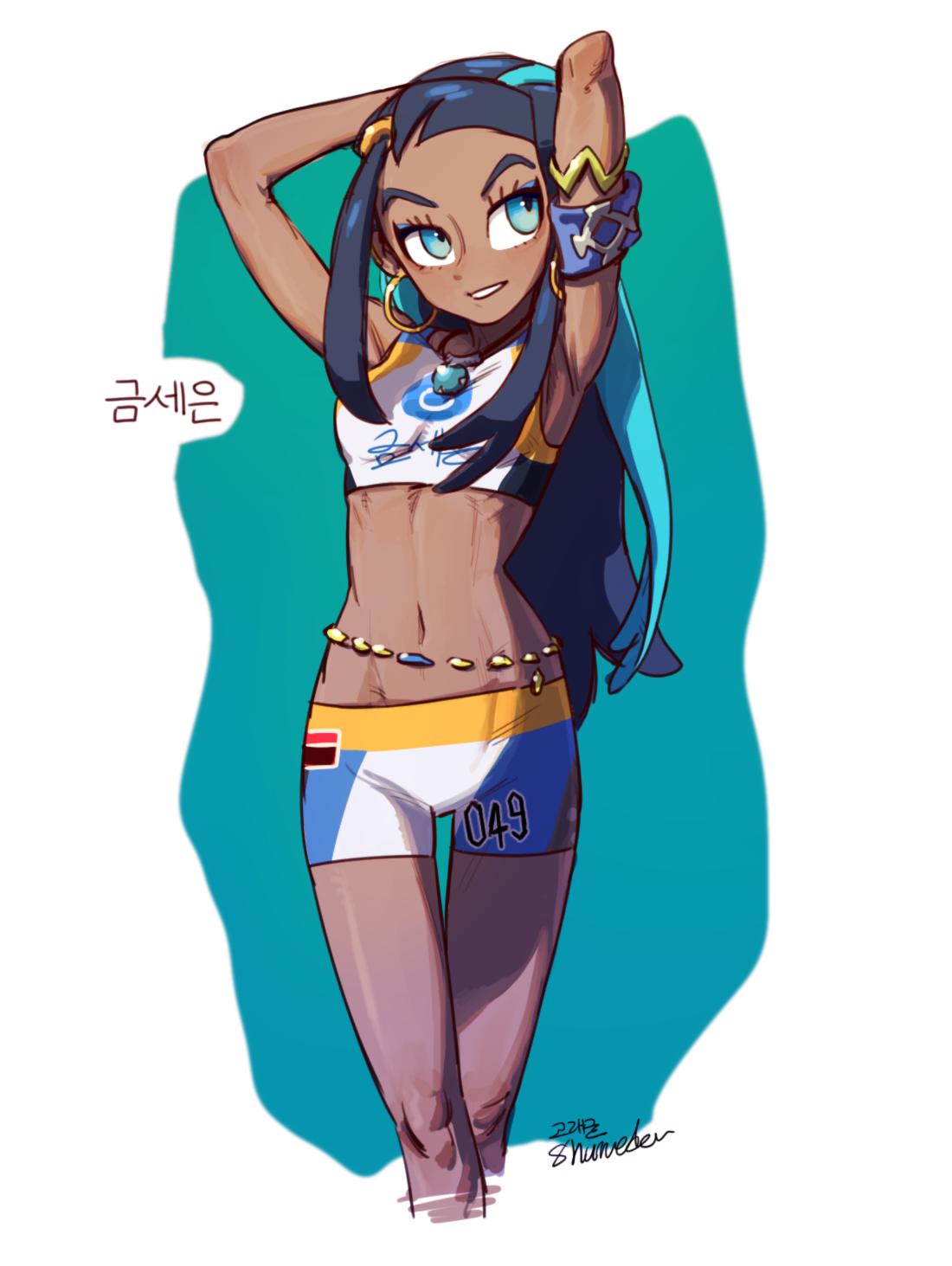 this is a digital illustration of a female anime character. she is wearing a blue and yellow sports bra, white shorts with a number 049 on them, and yellow and gold jewelry. the character is standing with her arms up in a pose that shows off her athletic physique. she has long, flowing blue hair, brown skin, and brown eyes. the character is smiling and appears to be confident.
