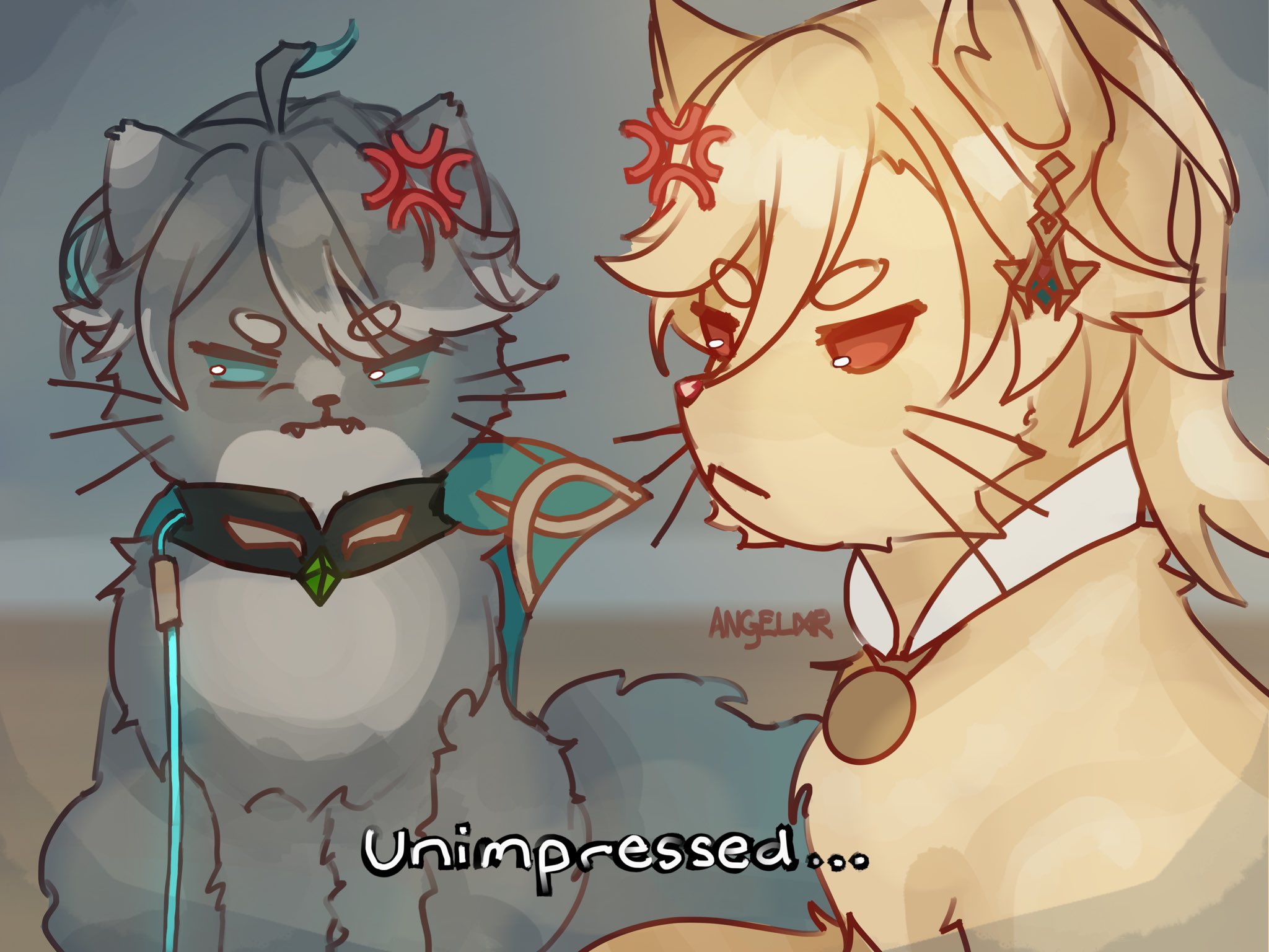 two catlike characters are pictured in a cartoonstyle. the cat on the left is grey with a white collar and turquoise accents, while the cat on the right is yellow with a white collar and gold accents. the character on the right is facing the left, with a bored expression. the character on the left is facing the right, with an annoyed expression. the caption beneath them reads "unimpressed...".